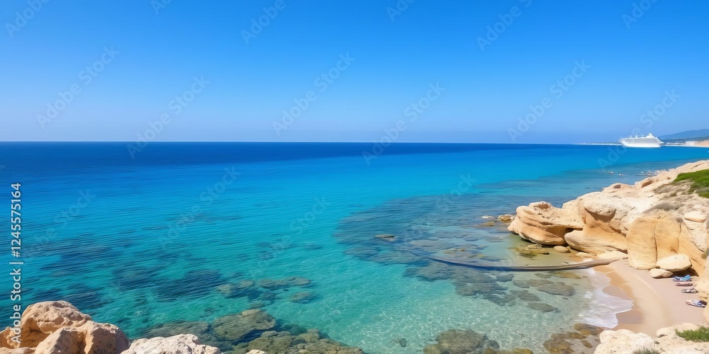 Spectacular view of coral beach in Paphos, Cyprus with crystal clear waters and colorful marine life, beach, destination, coast Spectacular view of coral beach in Paphos, Cyprus with crystal clear waters and colorful marine life, beach, destination, coast