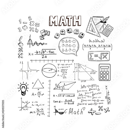 Hand-Drawn Math Symbols, Formulas, and Equations Illustration