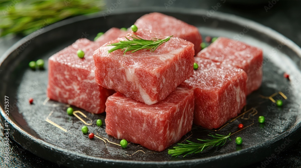 Raw beef cubes, seasoned, dark plate, kitchen, cooking Raw beef cubes, seasoned, dark plate, kitchen, cooking