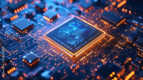 Illuminated CPU on Circuit Board, Technological Advancement photo