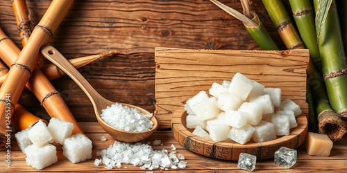 Rustic display of cane sugar, sugarcane stalks, rum bottle, wooden plate, spoon, cubes, juice, bamboo signboard; hand-drawn food and natural ingredients, stalks, spoon, bamboo signboard photo