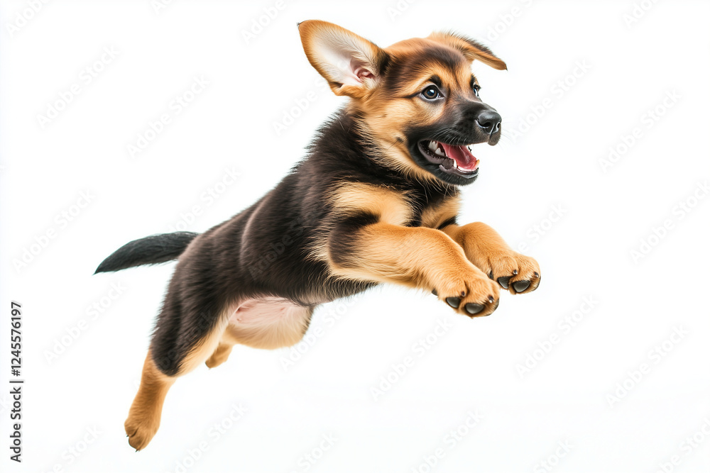 Selective focus jumping puppy for commercial advertisement isolated on white background, Portrait of happy dog jumping on white, Fun play dog. Selective focus jumping puppy for commercial advertisement isolated on white background, Portrait of happy dog jumping on white, Fun play dog.