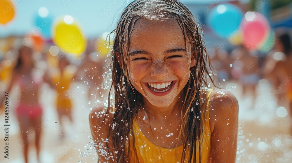 Fototapeta premium Children and adults engaged in a playful water balloon fight, splashing each other with colored water, creating an exciting and fun atmosphere.