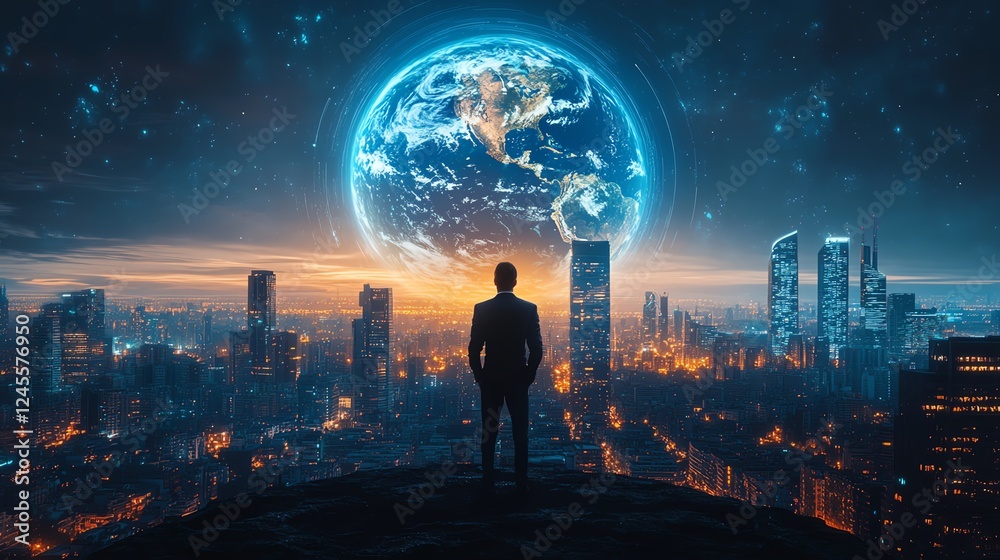 Fototapeta premium Mixed media of businessman and abstract Earth