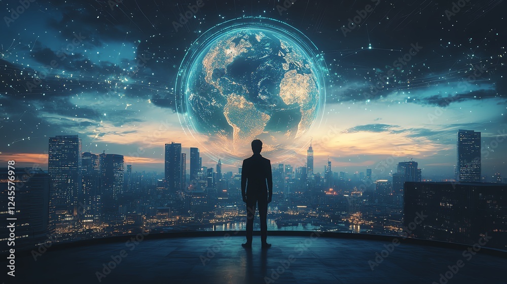 Fototapeta premium Mixed media of businessman and abstract Earth