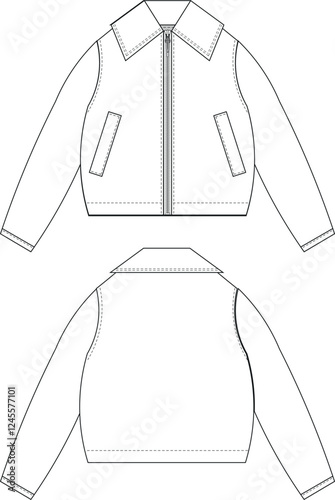 with pockets collared zippered long sleeve slouchy loose jacket template technical drawing flat sketch cad mockup fashion man unisex child woman design style model 
