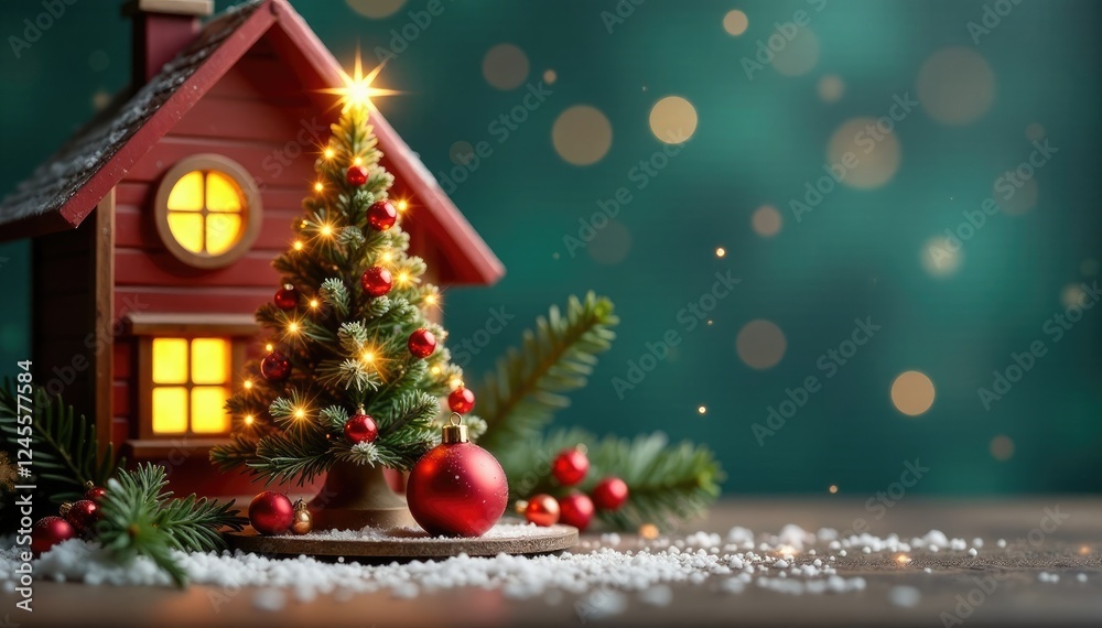 A whimsical dollhouse scene with a sparkly Christmas tree and a red ornamented ball, festive, berries, decorated A whimsical dollhouse scene with a sparkly Christmas tree and a red ornamented ball, festive, berries, decorated