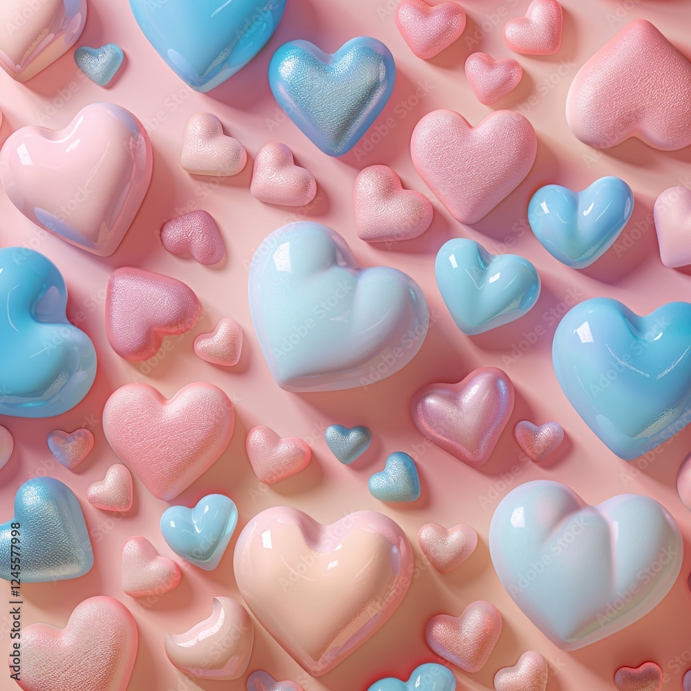 heart shaped blue and pink candies on pink background. 3D heart shaped blue and pink candies on pink background. 3D