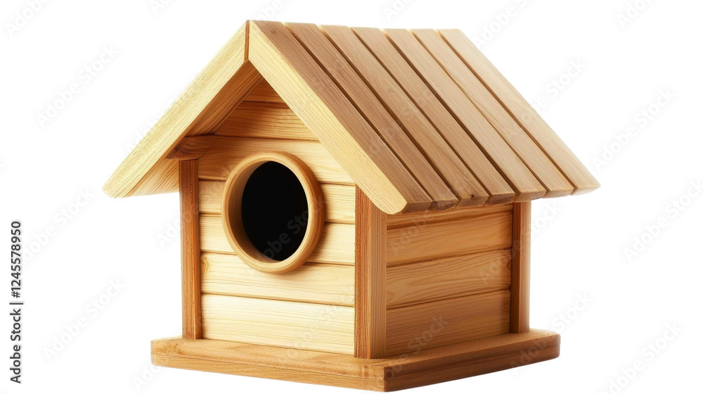 Minimalist Perspective of a Wooden Birdhouse with Clean Lines and Textured Surfaces on a White Background