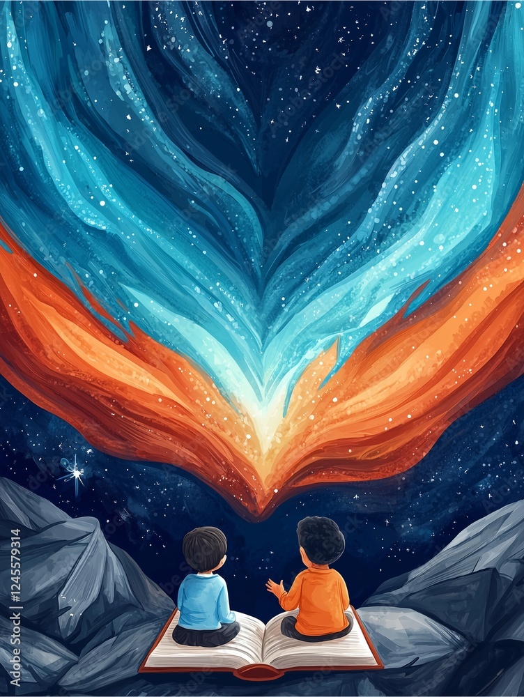 Two children sit on a book, gazing at colorful cosmic waves in the night sky, symbolizing imagination and the wonders of storytelling. Two children sit on a book, gazing at colorful cosmic waves in the night sky, symbolizing imagination and the wonders of storytelling.