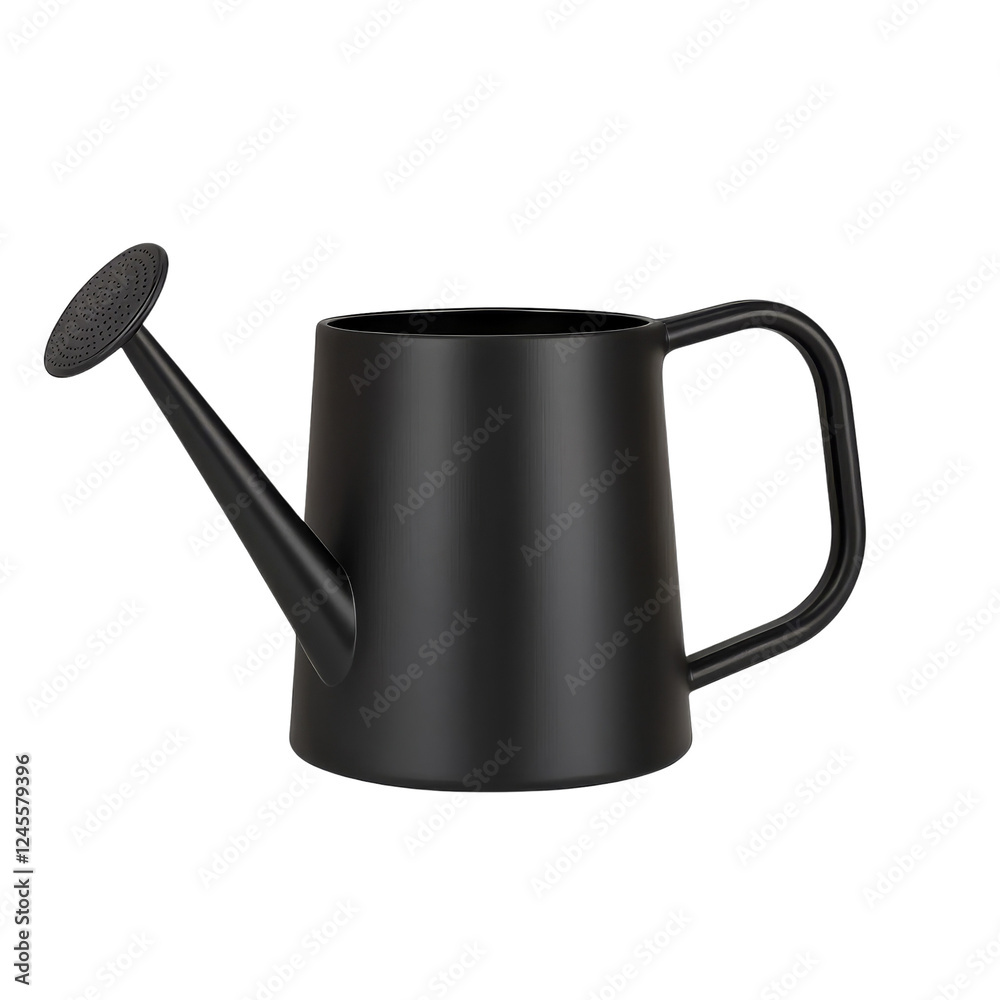 Elegant Black Watering Can on White Background, Minimalist Design with Modern Silhouette and Textured Spout