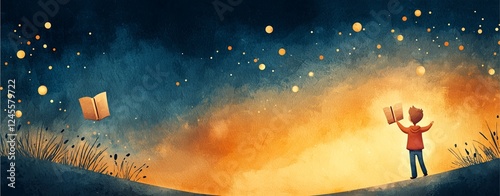 A child stands in a magical landscape, holding open books as glowing stars illuminate the night, creating a scene of wonder and imagination.