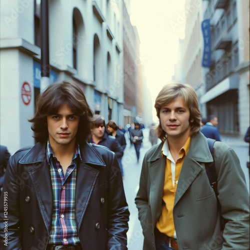 Two young men posing on a city street in casual attire during the vibrant days of the 1970s in an urban setting