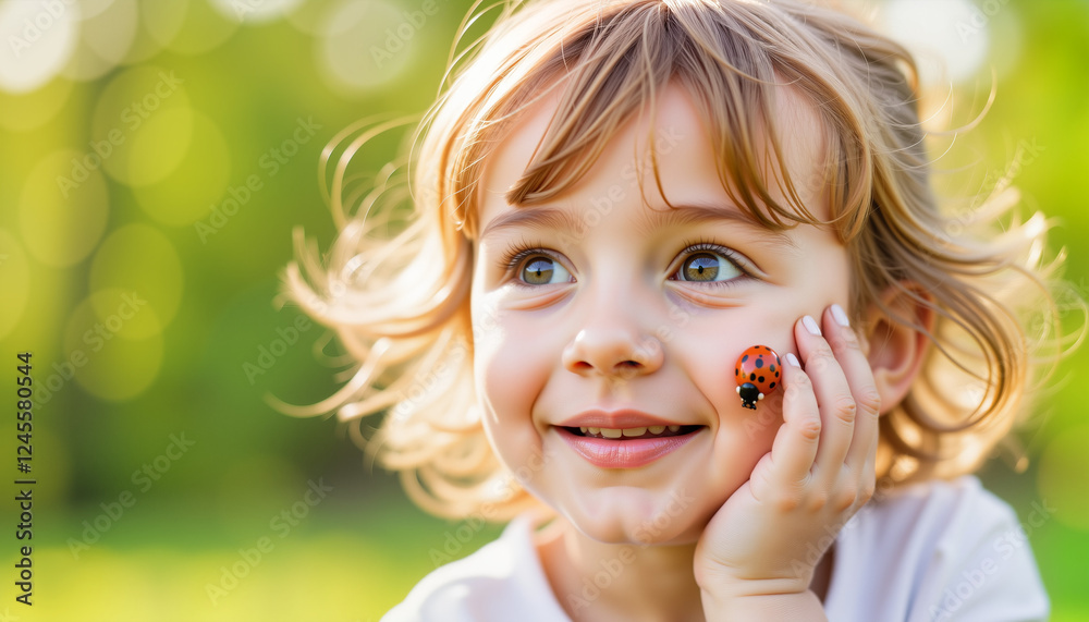 Toddler playing with ladybugs on her face in green field Toddler playing with ladybugs on her face in green field