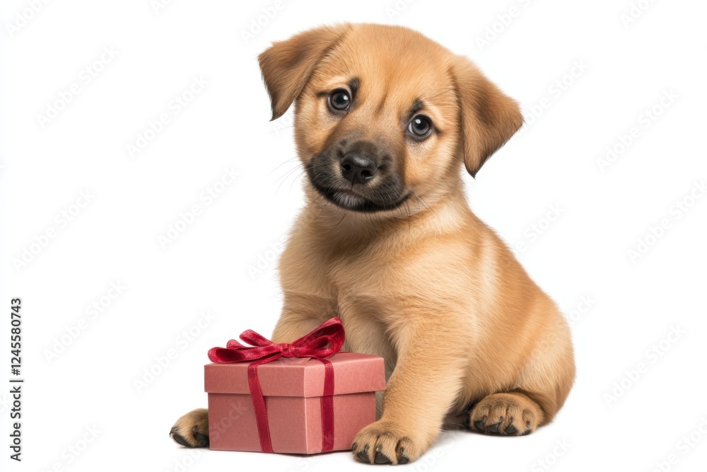 Obraz premium Adorable golden puppy with blue eyes sitting next to a small gift box wrapped with a red ribbon, set against a white background, perfect for Valentine's Day and special occasions