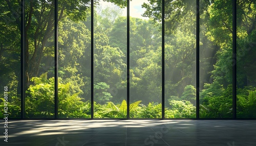 Fototapeta Naklejka Na Ścianę i Meble -  A serene virtual background of a nature-inspired workspace with a view of a dense forest through large glass panels