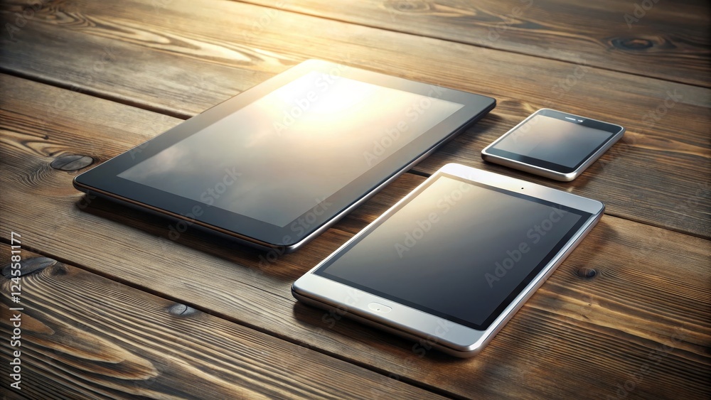 Modern Devices on Wooden Table with Reflections and Shadows Modern Devices on Wooden Table with Reflections and Shadows