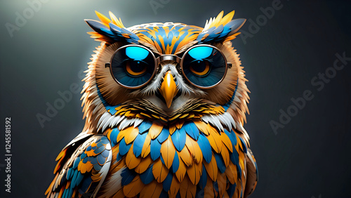 Colorful owl wearing sunglasses in abstract colorful gradient background