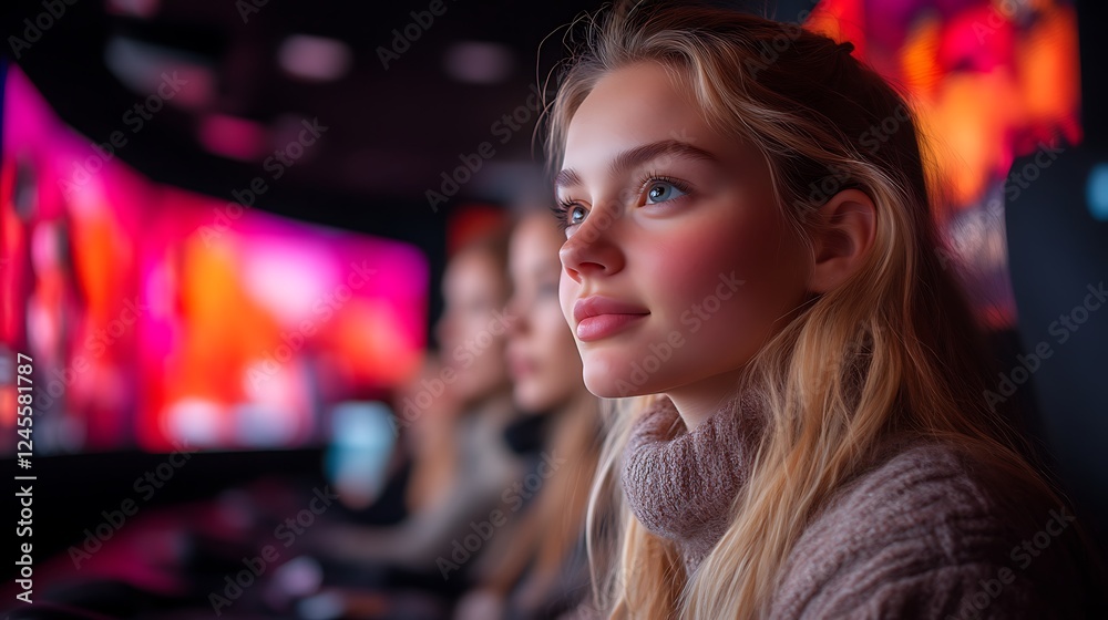 Fototapeta premium Young woman watching vibrant screen.