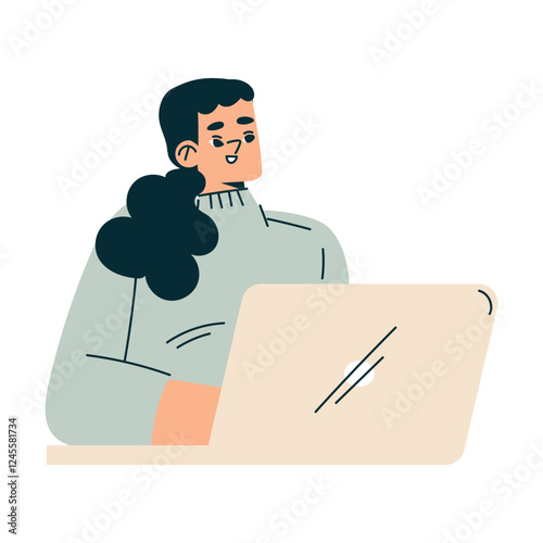 Business Process with Woman Working at Laptop Vector Illustration