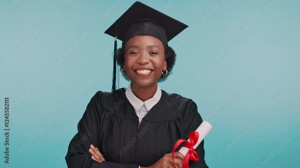 Happy, graduation and face of black woman in studio for celebration, university ceremony and college. Blue background, crossed arms and portrait of student with degree, scroll and award for education