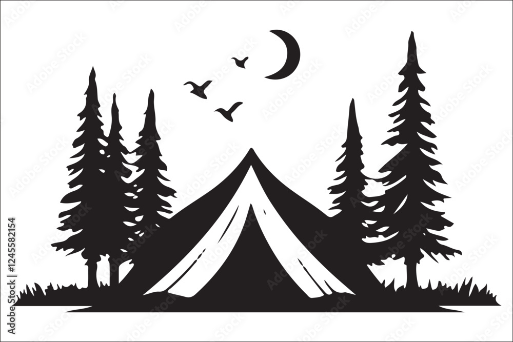 Obraz premium Scenic Mountain Landscape with Camping Silhouettes Vector Art