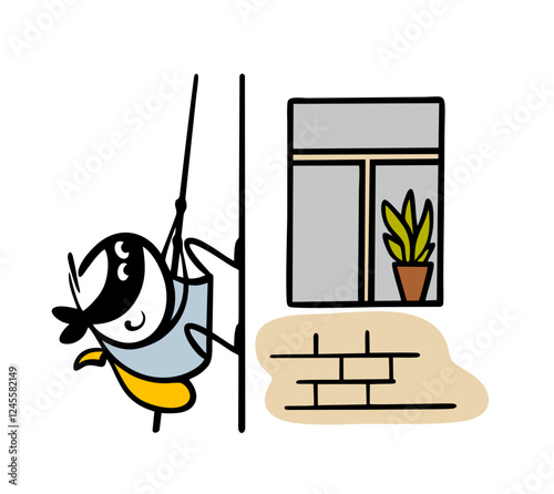Brave thief climbs up the wall of the house into the apartment. Vector illustration of a robber with a black mask and a bag robbing people. Isolated funny character on white background.