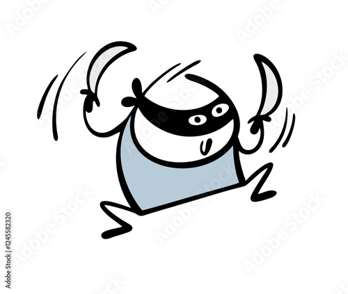 apanese warrior in a black mask jumps and waves his weapon. Vector illustration of a robber or samurai attacking with swords, defending himself. The art of battle. Isolated funny character on white.