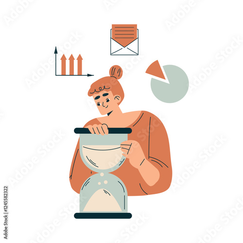 Time Management with Woman Character with Hourglass Organizing Efficient Business Process Vector Illustration