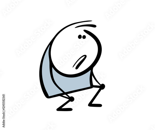 Startled stickman sat down in surprise. Vector illustration of a man with his knees bent and looking at a surprise in confusion. Isolated funny character on white background.