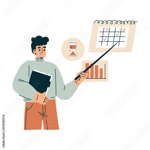 Time Management with Man Character with Pointer at Calendar Organizing Efficient Business Process Vector Illustration