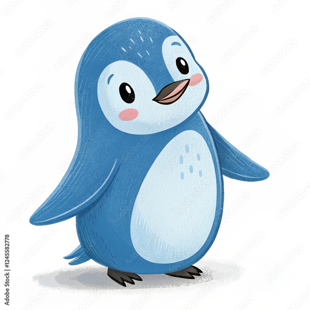 Fototapeta premium Cute Blue Penguin: An adorable blue penguin with a charming smile stands on a bright background, ready to bring joy to your designs and projects. 