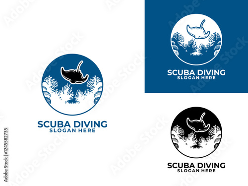 Stingray and Underwater view logo vector. Scuba Diving Logo Design Vector Template
