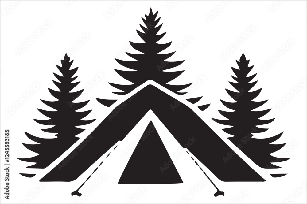Obraz premium Scenic Mountain Landscape with Camping Silhouettes Vector Art
