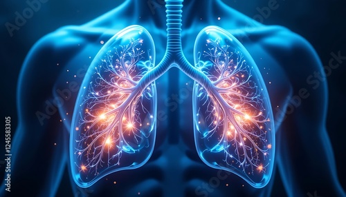 High-resolution 3D rendering of human lungs with detailed bronchioles and alveoli, showcasing respiratory system anatomy.