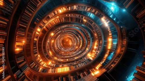 Circular bookcase, countless books, glowing shelves, spiraling depths.