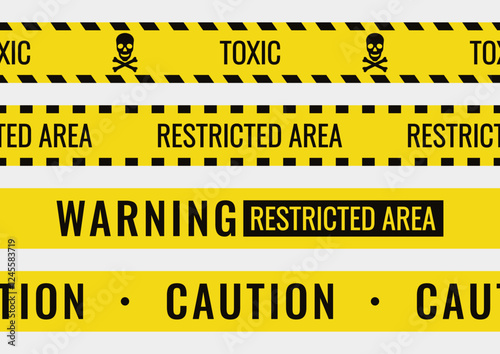 Seamless yellow and black caution tapes for safety and hazard designs. Perfect for warning borders, construction themes, and security visuals
