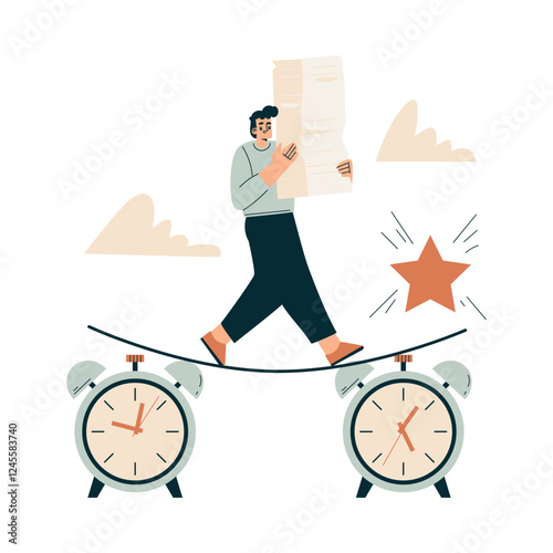 Time Management with Man Character Walking Rope Organizing Efficient Business Process Vector Illustration