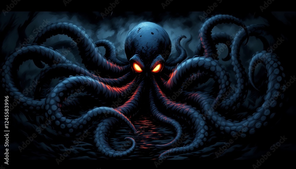 Obraz premium Giant Kraken Digital Art Dark Fantasy Glowing Eyes Wallpaper