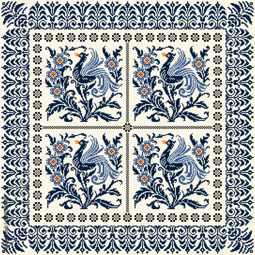 Square seamless Phoenix bird in Blossom Floral traditional pixel Geometric ethnic pattern design. Detailed Vector for pillowcase, carpet tile, embroidery, wallpaper, print, textile, mosaic, ceramic.