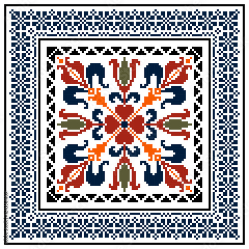 Square seamless Baroque traditional pixel with frame Geometric ethnic pattern.Indian, European ornament style.Vector for background, tile, textile, mosaic, ceramic, patchwork, cross-stitch, embroidery