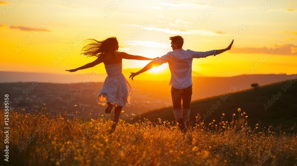 Fototapeta premium In a breathtaking landscape, a couple twirls joyfully in a meadow at sunset. The golden light casts a warm glow, highlighting their carefree spirit as wildflowers sway in the gentle breeze