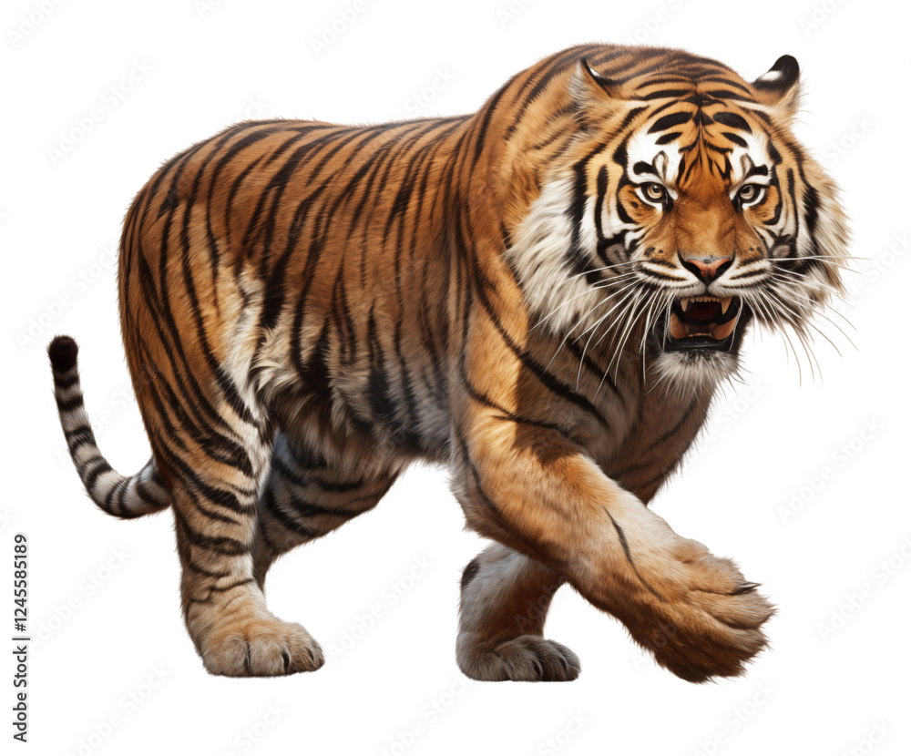 Naklejka premium Full body angry tiger isolated on transparent background. Generative ai