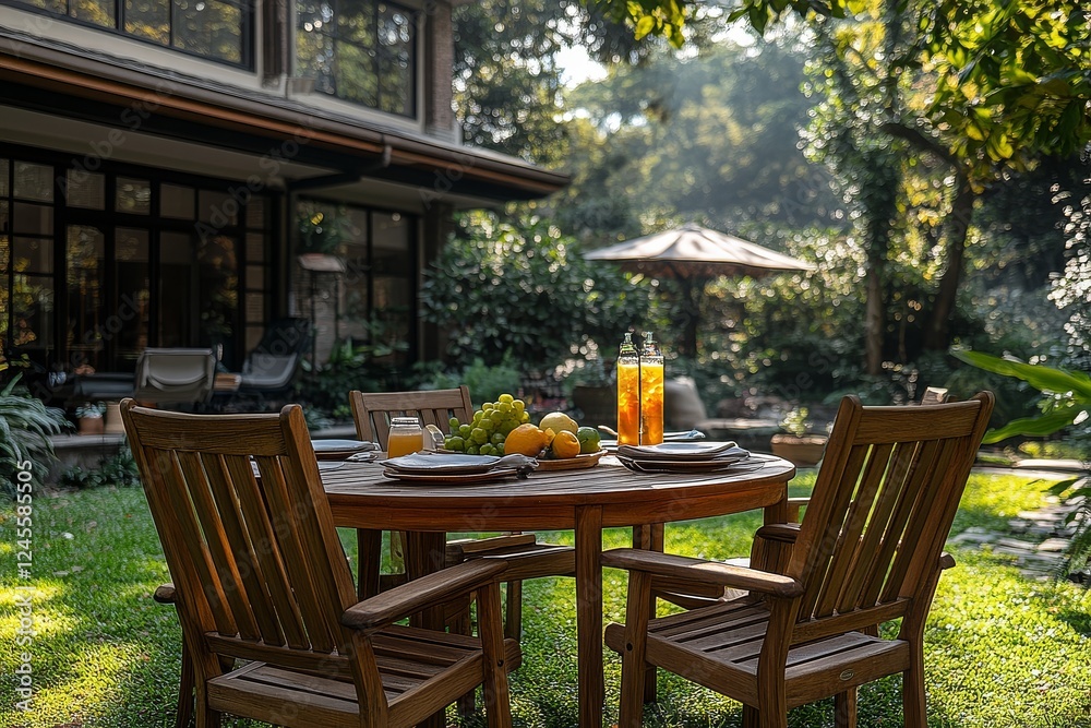 Obraz premium Outdoor dining set with teak chairs and table on grass, fruit and drinks, surrounded by trees in a beautiful garden setting