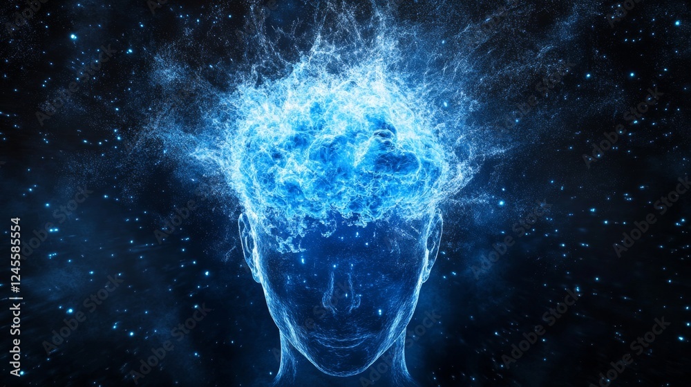 Illuminated Brain with Splashing Blue Water on Dark Background