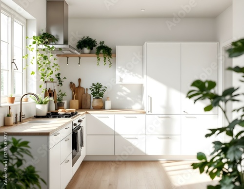 Professional product photo of a Scandinavian-style kitchen with white cabinets, wooden countertop, sleek appliances, and natural light. photo