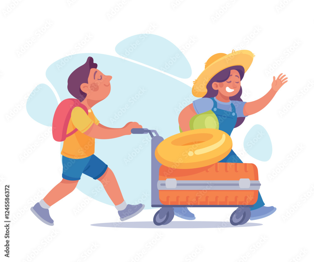 Tourism with Boy and Girl Character with Suitcase Vector Illustration Tourism with Boy and Girl Character with Suitcase Vector Illustration