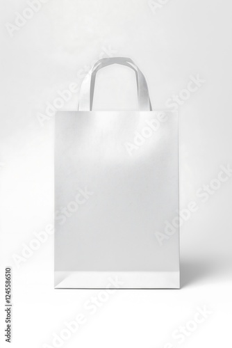 White paper bag model displayed in a clean, minimalistic setting for product showcase or retail use photo