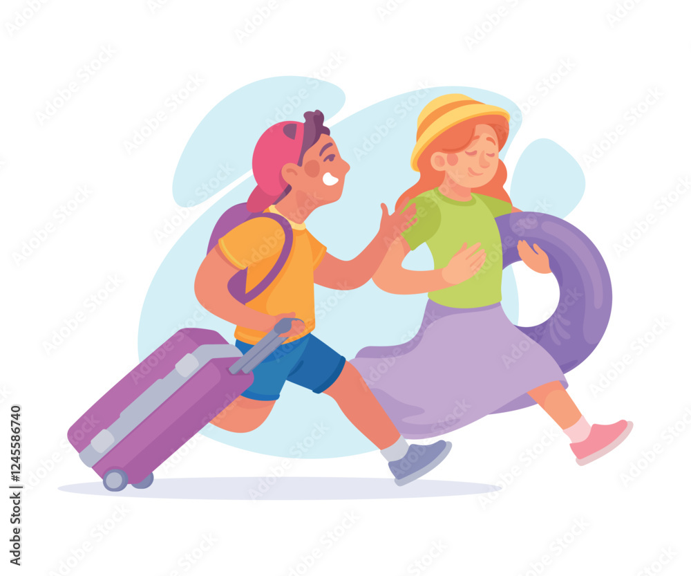 Tourism with Boy and Girl Character with Suitcase Vector Illustration Tourism with Boy and Girl Character with Suitcase Vector Illustration