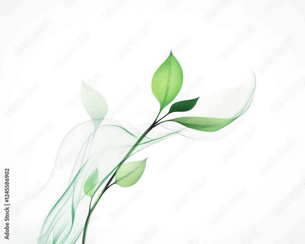 Green Leaf Branch with Abstract Flowing Lines